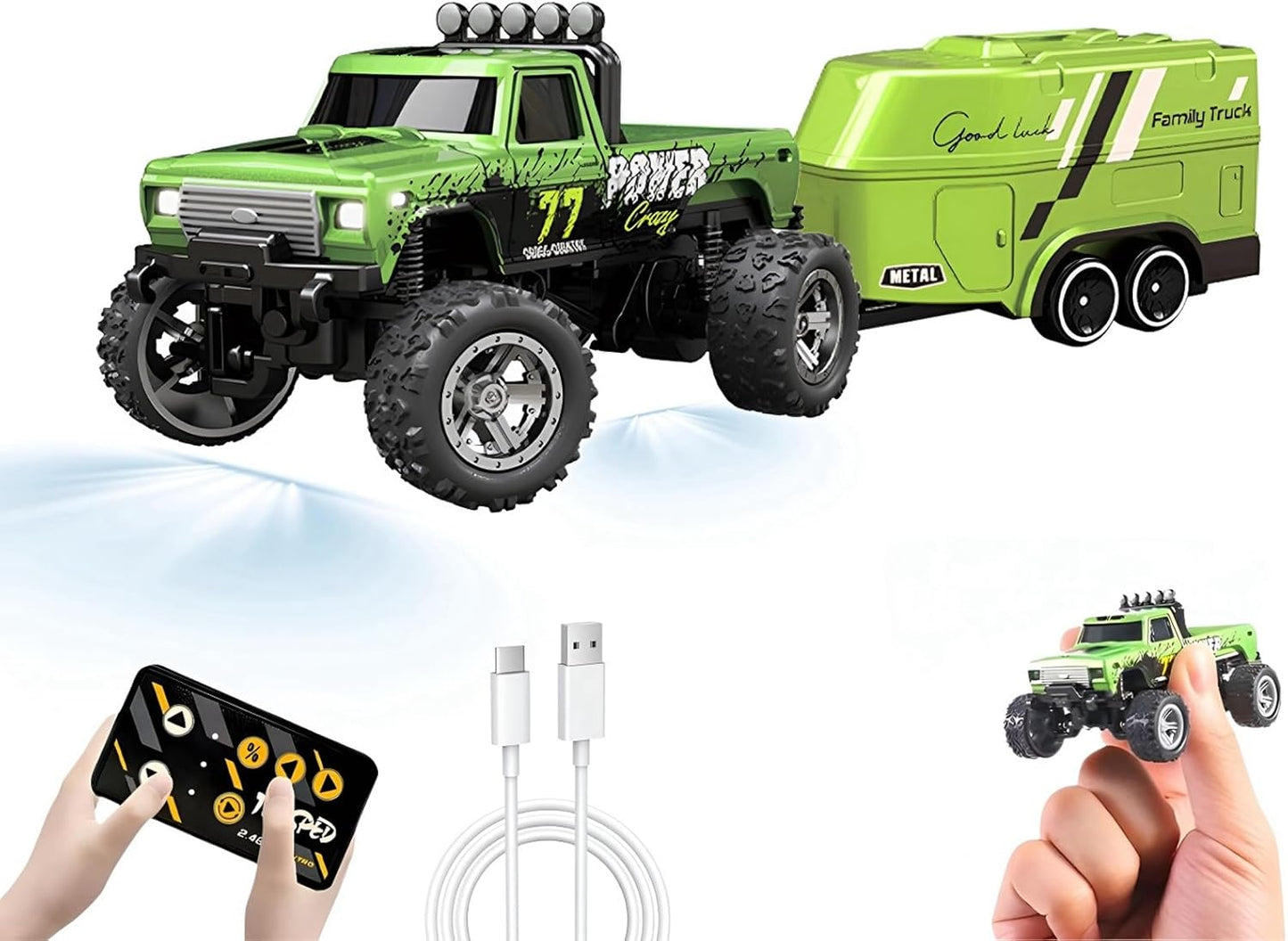 Mini RC Car, 1/64 Scale Mini Remote Control Monster Truck with Trailer