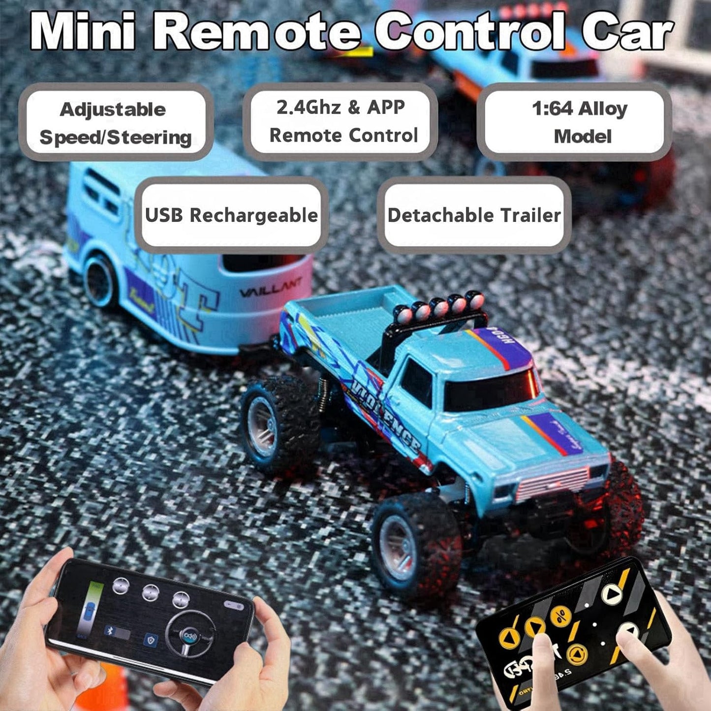 Mini RC Car, 1/64 Scale Mini Remote Control Monster Truck with Trailer